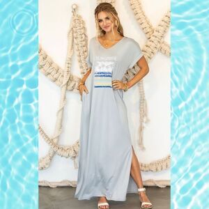 NWT California Beach Graphic Long Grey V-Neck T-Shirt Maxi Dress w/ Pockets